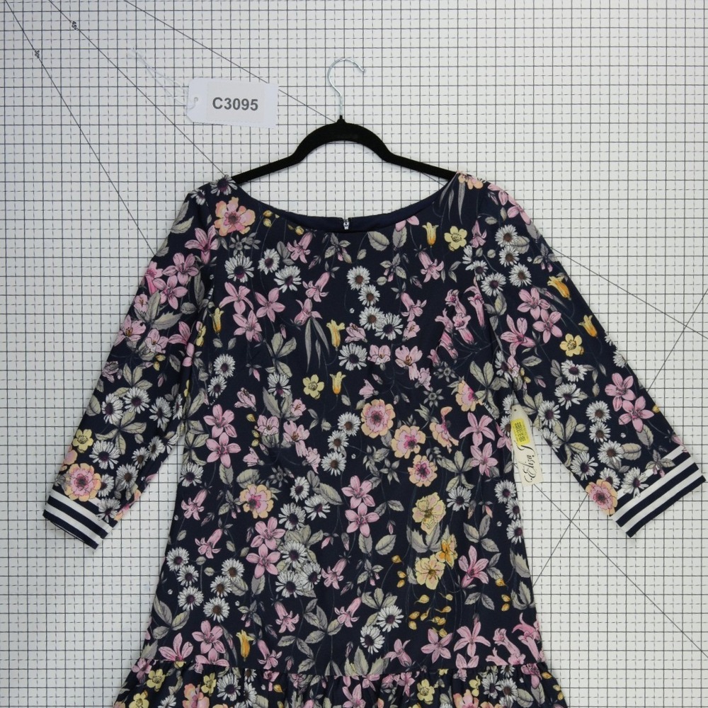 New Eliza J Floral Dress Women's Size 10 Navy Blue 3/4 Sleeve Ruffle Hem - Picture 7 of 7